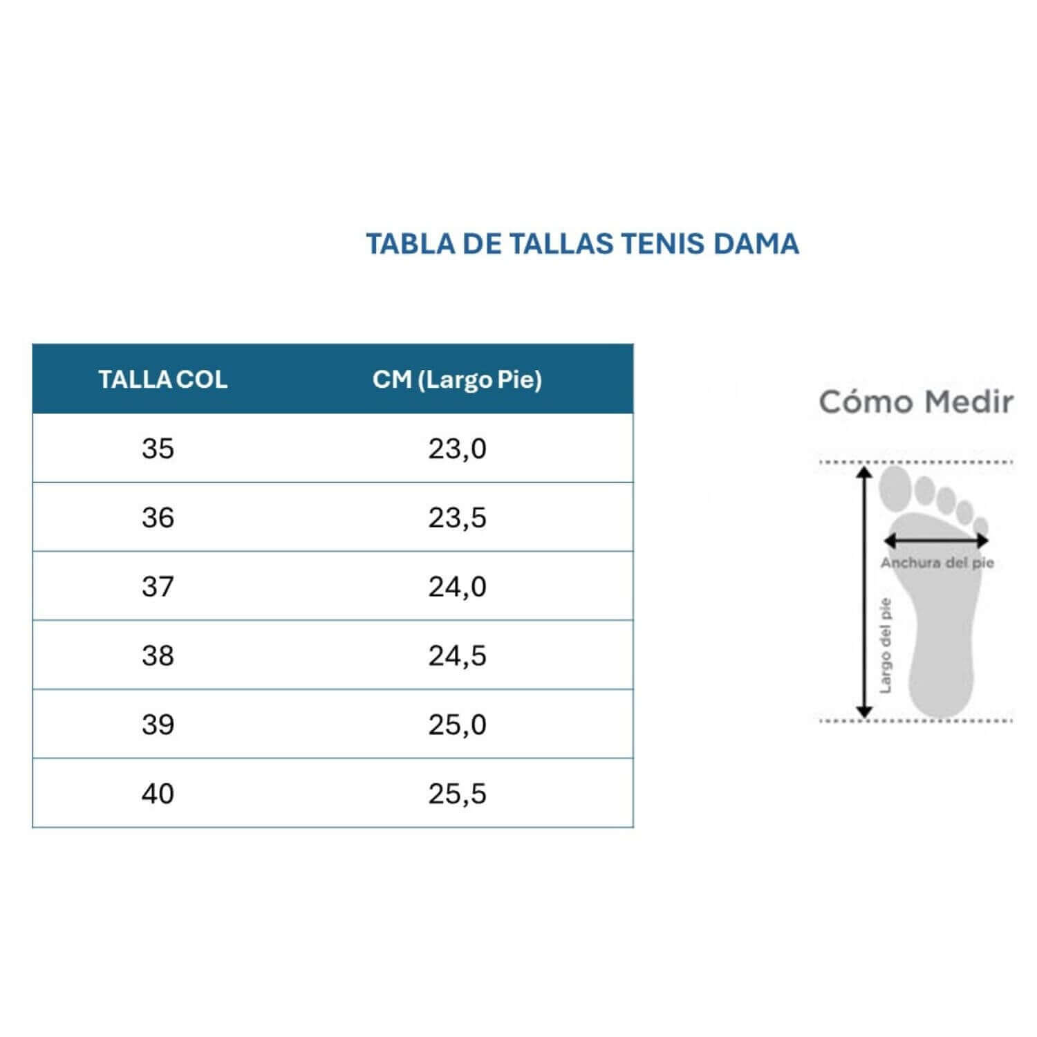 Tenis Comfort Livianos Sin Cordones Dama  - Tabla de Tallas