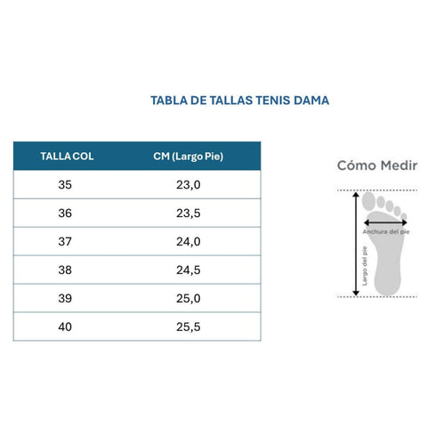 Tenis Comfort Livianos Sin Cordones Dama  - Tabla de Tallas